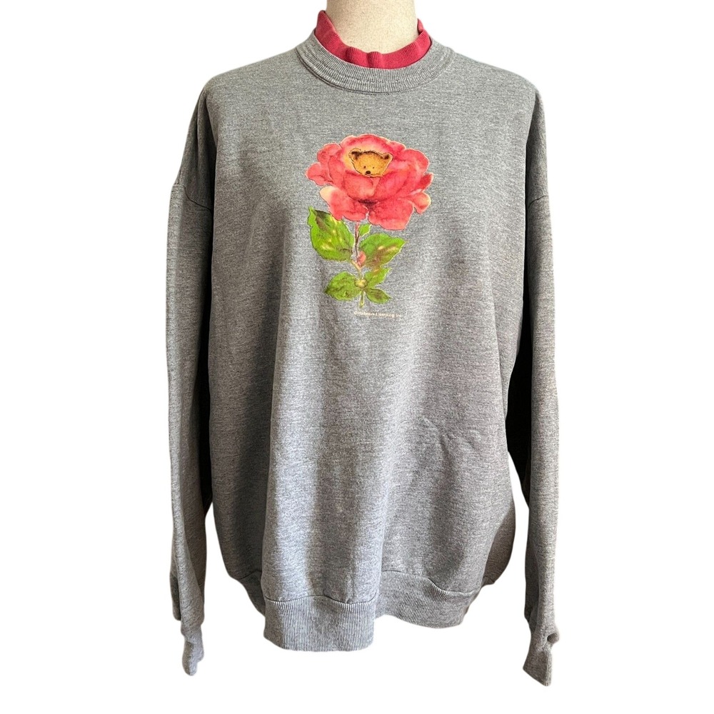 Vintage 90s Morning Sun Teddy Bear Rose Sweatshirt Hallmark Grandma Cozy Size XL